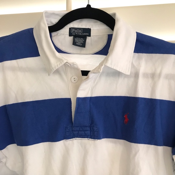 Ralph Lauren Long Stripe Blue Polo Shirt Sz L